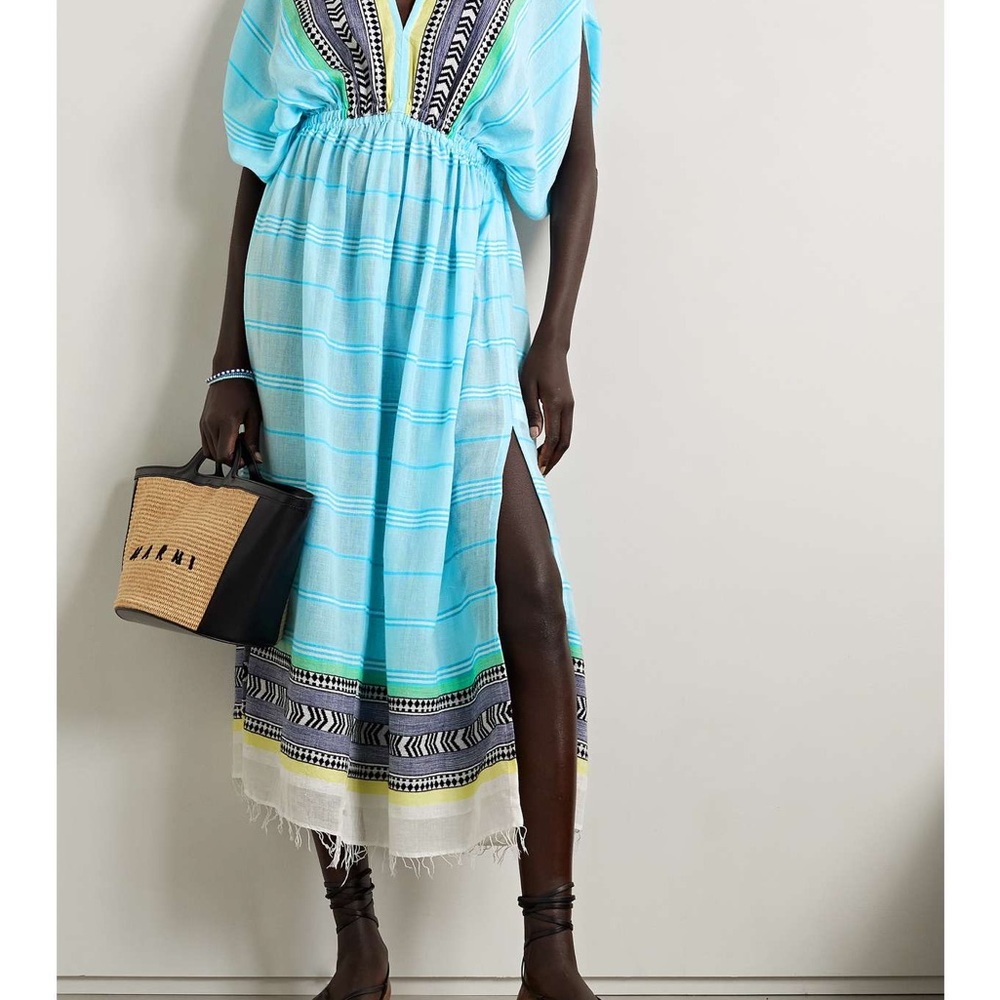 Lemlem Light Blue Striped V-Neck Swim Coverup with Patterned Hem